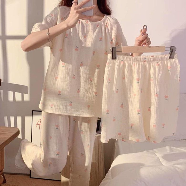 Comercio exterior al por mayor primavera y verano nuevos pijamas pantalones de manga corta para mujer pantalones cortos de tres piezas servicio a domicilio nube algodón rayas oso
