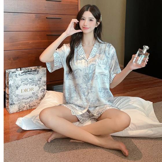 Summer New Fashion Simple Ice Silk Smooth Drape v-neck Short-sleeved Shorts Women's Pajamas Home Wear Set