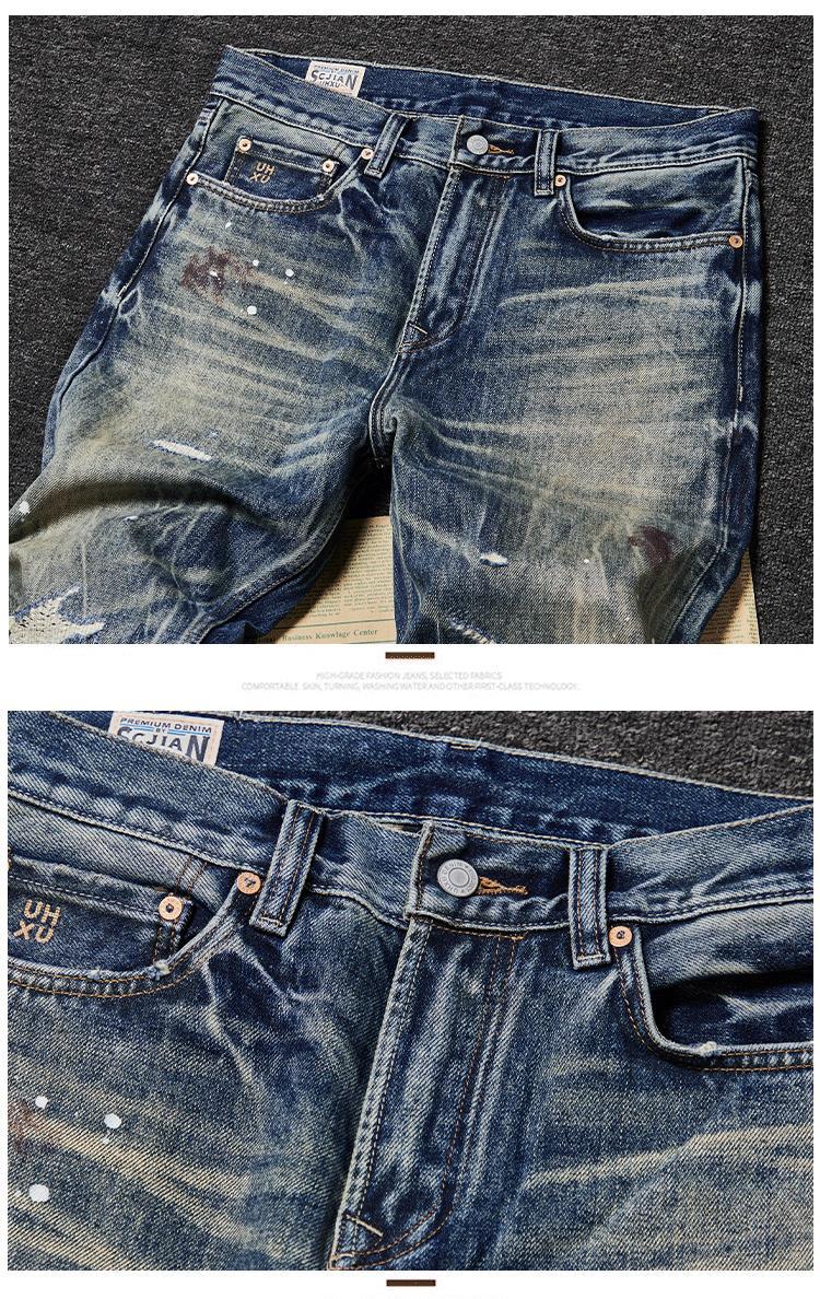 ​​Men's Premium Heavyweight Vintage Jeans – Streetwear Distressed Washed Denim Pants, Relaxed Straight-Leg Fit, Light Blue​​_mkmklike.com