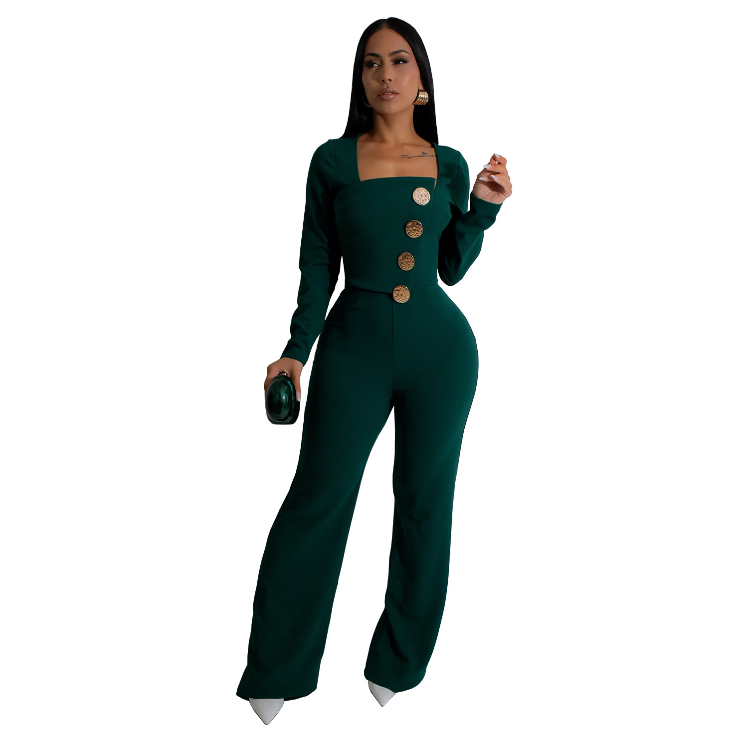 C7201 Cross-border AliExpress Amazon Pantalones de brazo de manga larga para mujer de moda europea y americana Mono delgado de color sólido