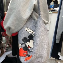 大容量羊羔毛绒手提包米奇老鼠卡通印花毛呢单肩斜挎托特包