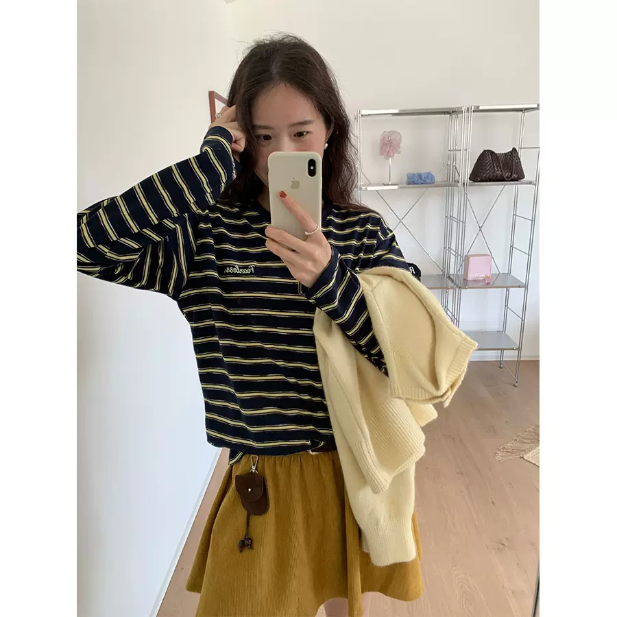 黄峥 韩系字母刺绣条纹长袖T恤女秋冬新款撞色圆领打底上衣541016