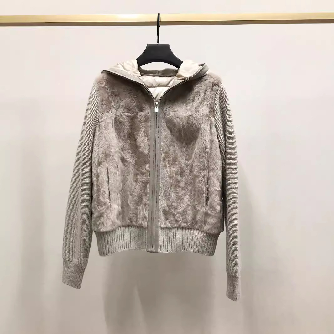 LP2024新款象羔胎羊毛针织毛拼接羊绒羊毛连帽皮草羽绒外套