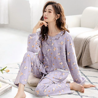 中年妈妈睡衣女士春秋款纯棉长袖秋季2024新款圆领开衫印花家居服