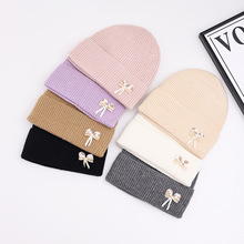 新款蝴蝶结针织帽子女秋冬季韩版男加绒加厚百搭保暖防寒套头帽