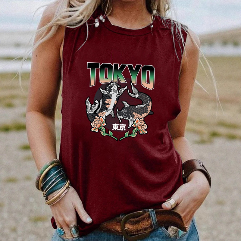 European and American Cross-Border Amazon Hot Selling New Tokyo Letter Car Crane Bear Print Sleeveless Vest T-Shirt