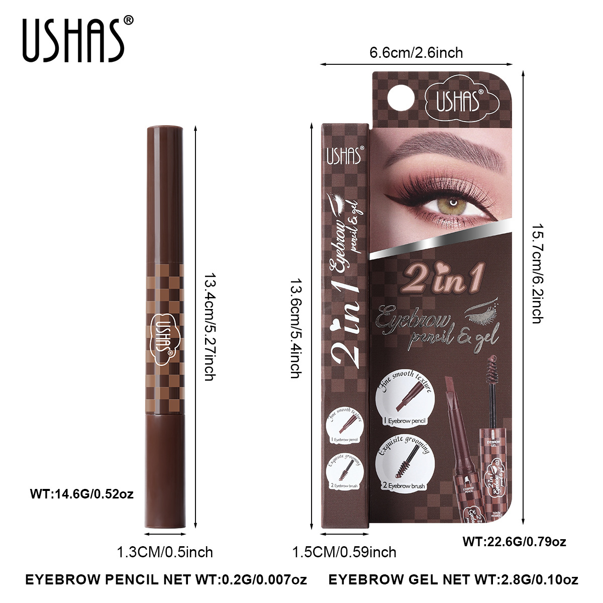 USHAS European and American Cross-border spot 3 colores multifunción no mancha impermeable a prueba de sudor lápiz de cejas cepillo de cejas caja de venta directa de fábrica