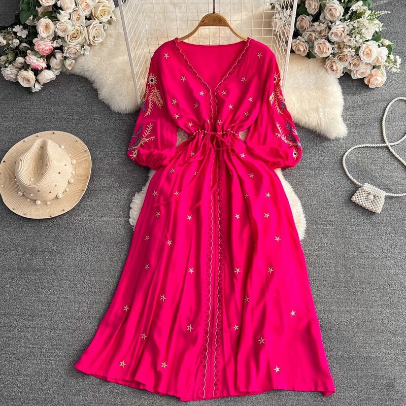 Summer Retro Ethnic Style Bohemian Seaside Vacation Collar Embroidered Waist Slimming Mid-length dress