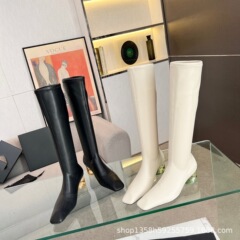 高版小众2025秋冬真皮方头复古异形水晶粗跟高筒弹力瘦瘦靴长靴女