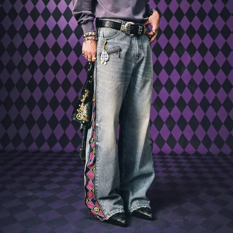 European and American Cross-Border Aliexpress Anime Zipper Jeans, Low-Waisted Wide-Leg Fashion Stylish Detachable Printed Jeans