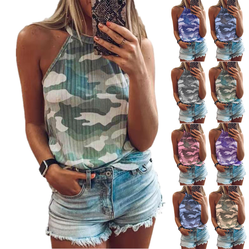 Sleeveless Camouflage Print Halterneck Vest NSYHY105969