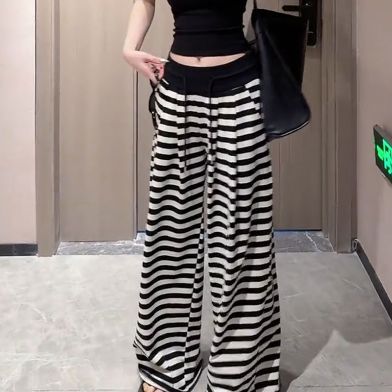 今年爆款夏季新款高腰条纹休闲裤女阔腿裤百搭显瘦长裤子|undefined