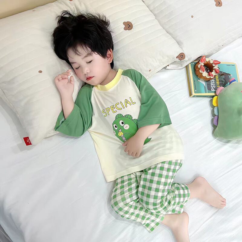 Children's Pajamas Modal Summer Home Clothes for Boys and Babies, Thin Cartoon Color-Blocking Loose New Set Children's Pajamas Modal Summer Home Clothes for Boys and Babies, Thin Cartoon Color-Blocking Loose New Set