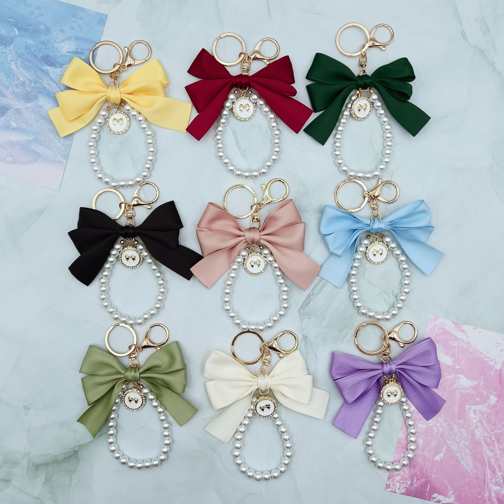 Fashion Pearl Keychain Pendant Bow Bag Accessory Creative Colorful Webbing Phone Chain Car Accessory