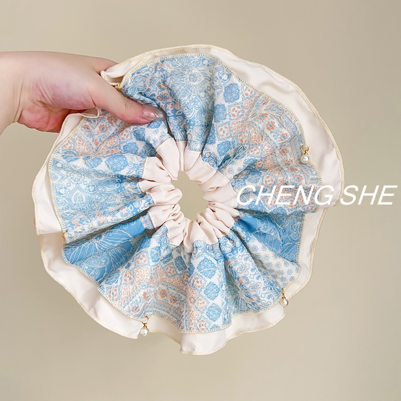 温柔法式刺绣花朵肥肠圈优雅气质盘发皮筋大号头绳发圈高级感发绳|undefined