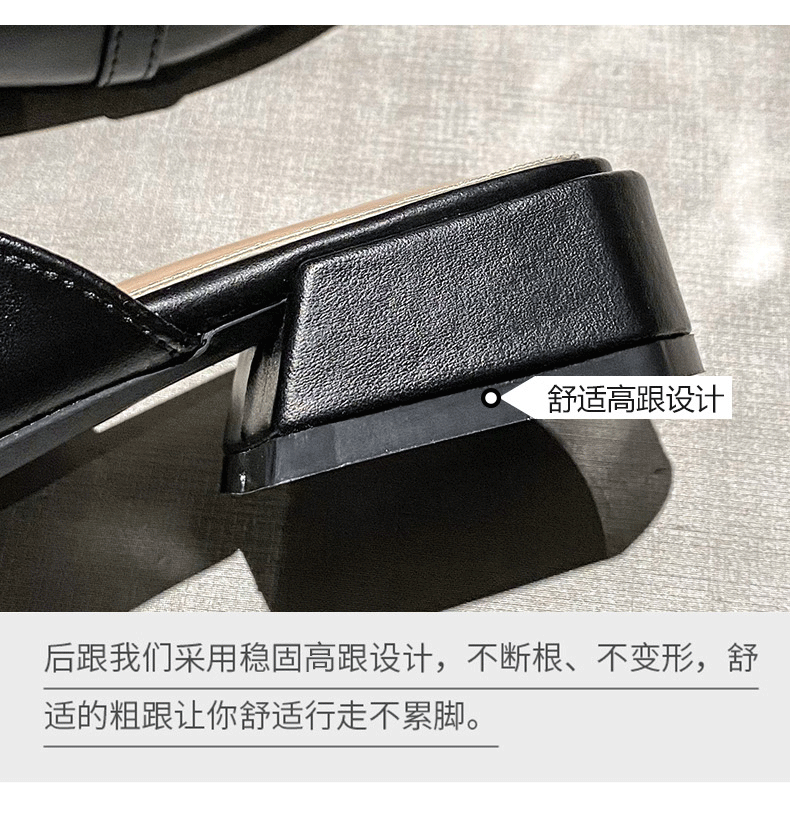 Dép sandal nữ bít mũi gót thô đính đá kim loại mũi ngang, kiểu lười nửa dép mùa hè — Màu mơ, Màu đen chi tiết 11