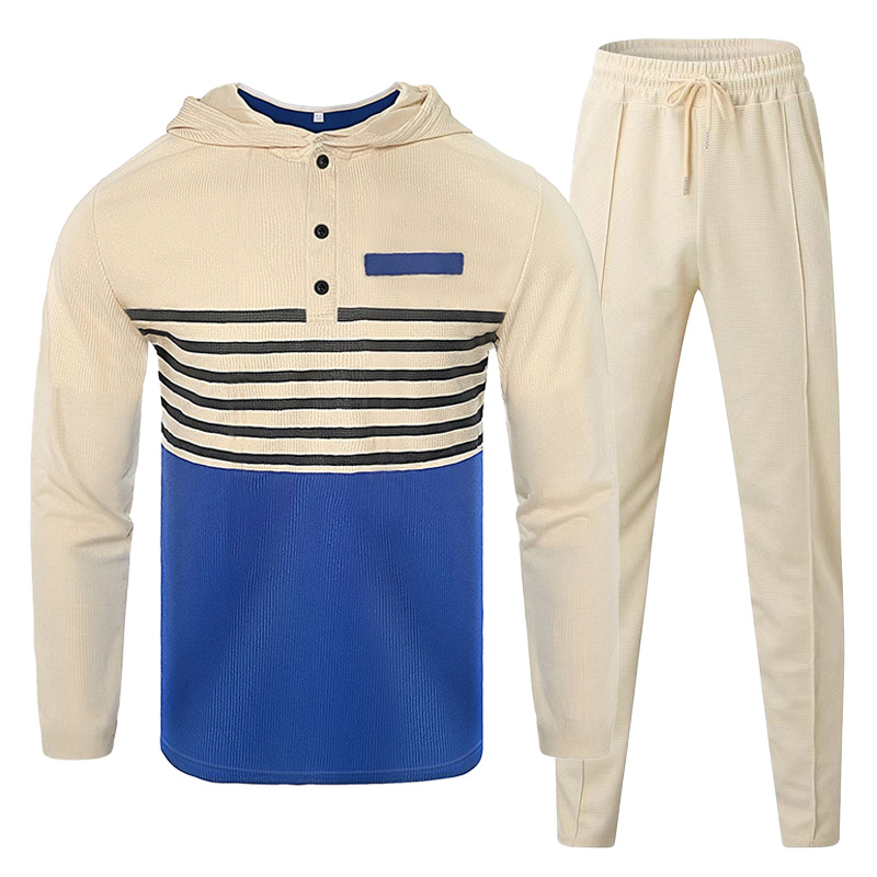 "Men's Waffle-Knit Hoodie & Jogger Set - Striped Casual Loungewear (S-3XL)"_voghion.com