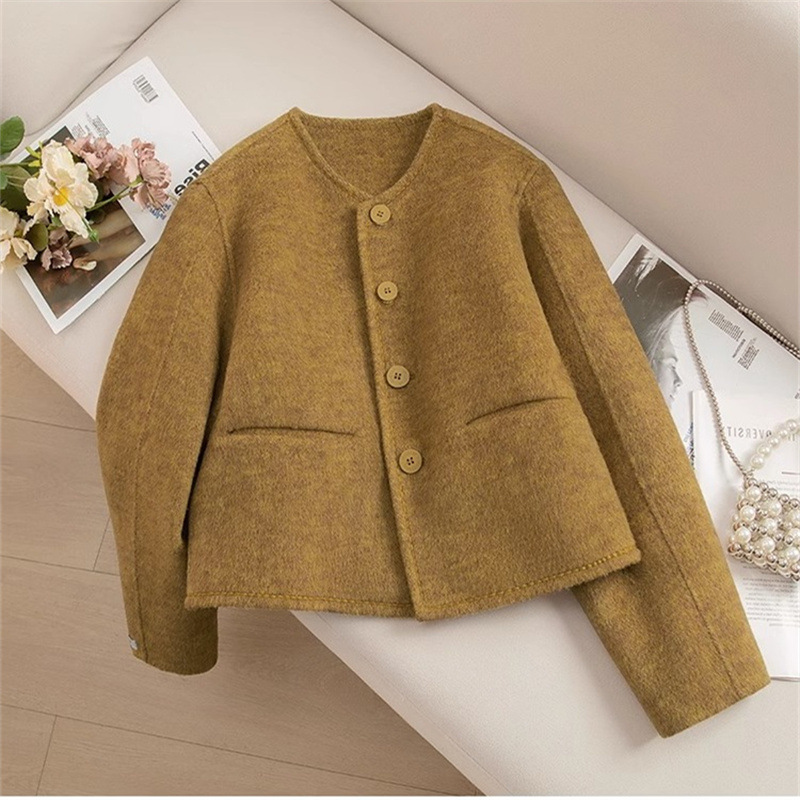 French Retro Hepburn Style Double-Sided Woolen Outwear for Men and Women in Autumn and Winter Elegant Round Neck Single-Breasted Sweater Jacket