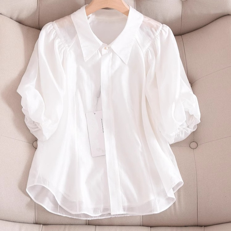 2024新款轻熟法式优雅泡泡袖上衣白色短袖衬衫女装夏季设计感小众