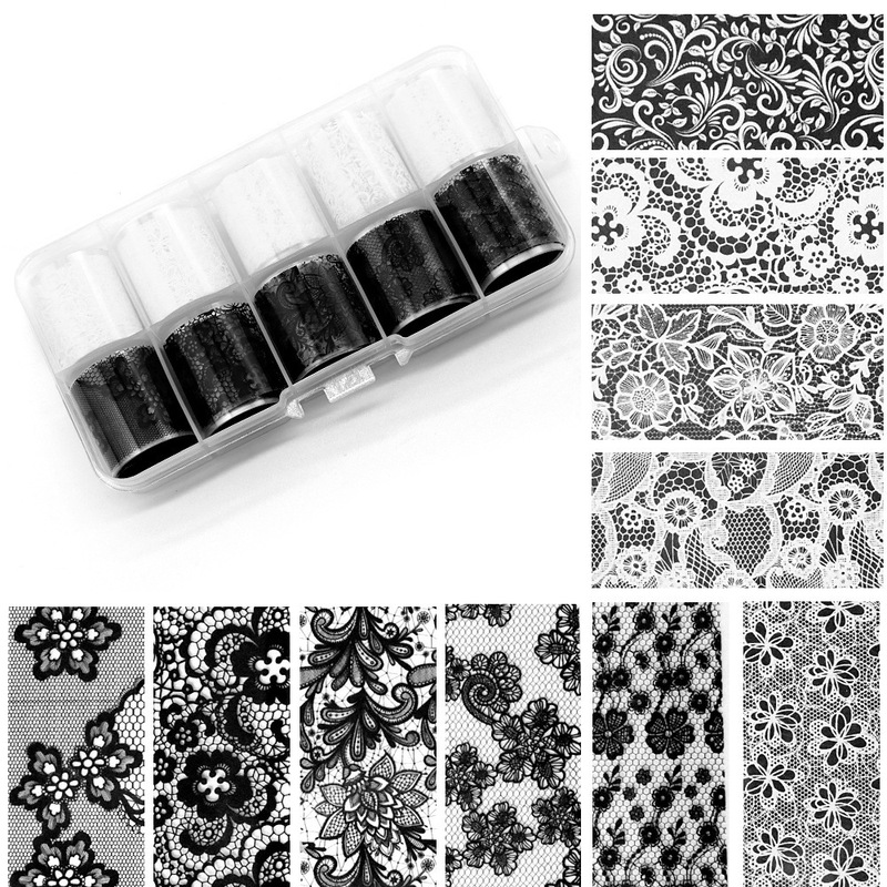Cross-Border Japanese-Style Nail Art Transfer Stickers 10-Grid Starry Sky Black and White Sexy Lace Small Floral Border Nail Art Transfer Paper