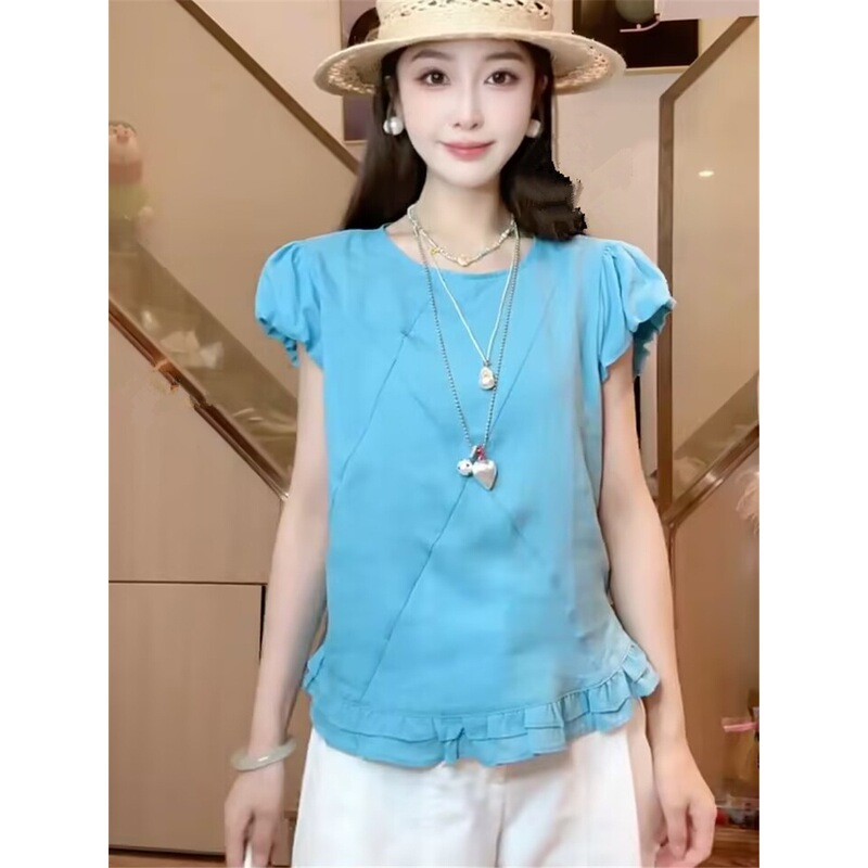 Cotton and Linen Short-Sleeve Top for Women, Thin Summer 2025 New Style, Ruffled Casual Loose Youthful Versatile Shirt
