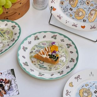 Ins Style Cute Cartoon Children's Fun Healing Style Illustration Ceramic Disc Oval Disc Girls' Heart Breakfast Plate Dessert Plate