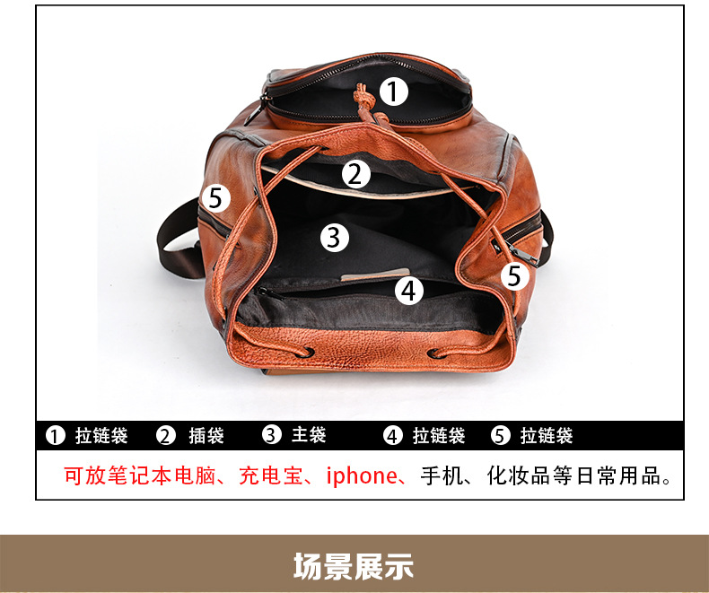 Ba lô da bò thuộc thực vật cổ điển phong cách retro — Màu nâu cổ điển, Cà phê cổ điển, Màu đen cổ điển chi tiết 9