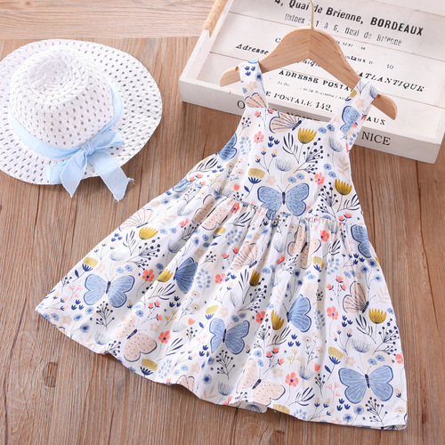 Children's Summer  New Sweet Blouse Dress Princess Skirt with Butterfly Petal Decoration for Dropshipping