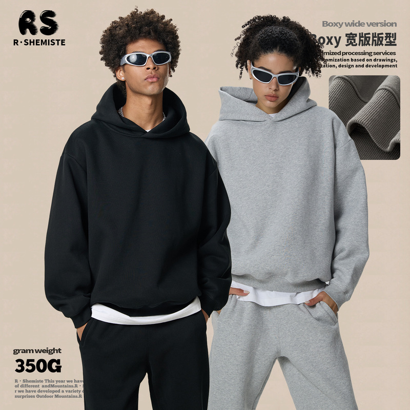 RS男装|跨境Boxy连帽衫短宽重磅350G抓绒cleanfit连帽卫衣hoodie|undefined
