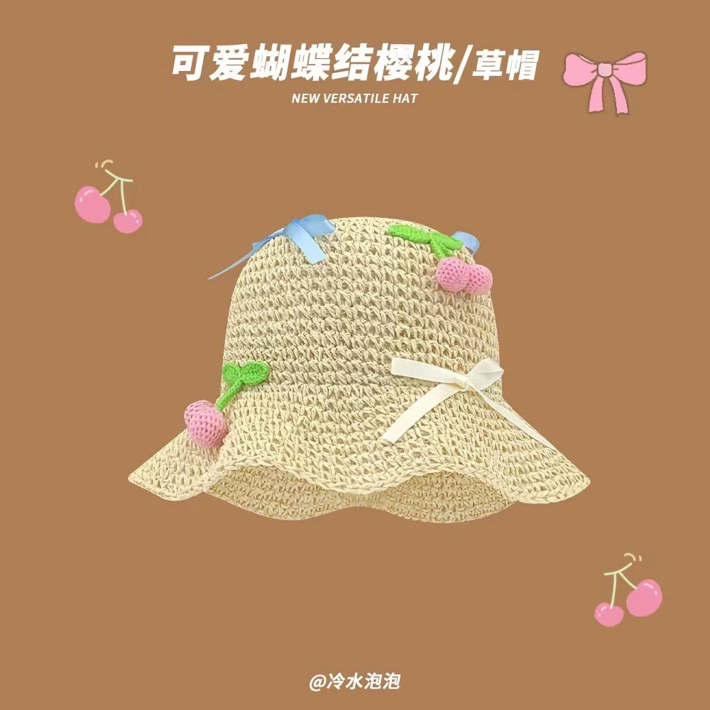 Соломенная летняя панама: защита от солнца, корейский стиль, 56–58 см; Cherry-beige, Cherry-khaki, с бантом beige/khaki