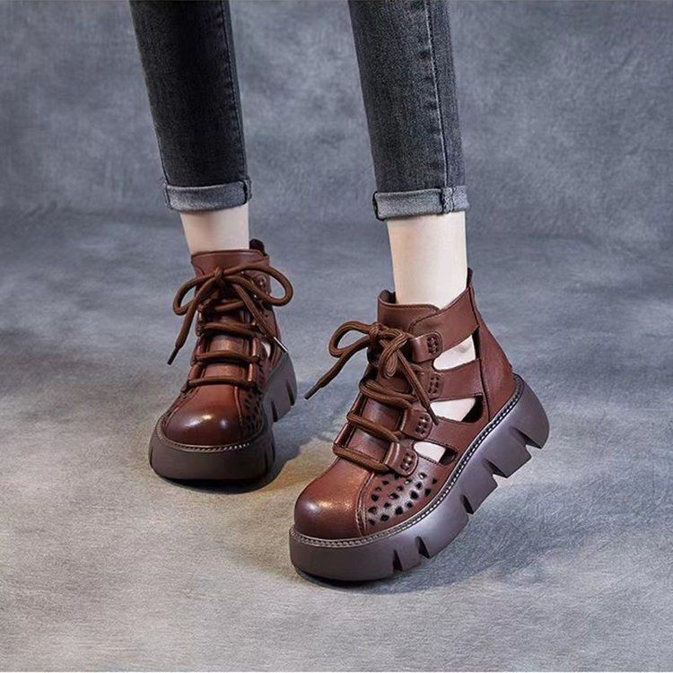 2026 Spring/Summer Soft Leather Thick-Soled Hollow-Out Martin Boots for Women, Thin Retro High-Top Sandals, Wedge Heel Brown Perforated Ankle Boots