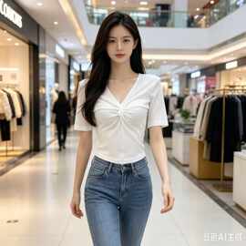 明星同款白色V领扭结短袖T恤女夏季收腰显瘦韩系辣妹风上衣