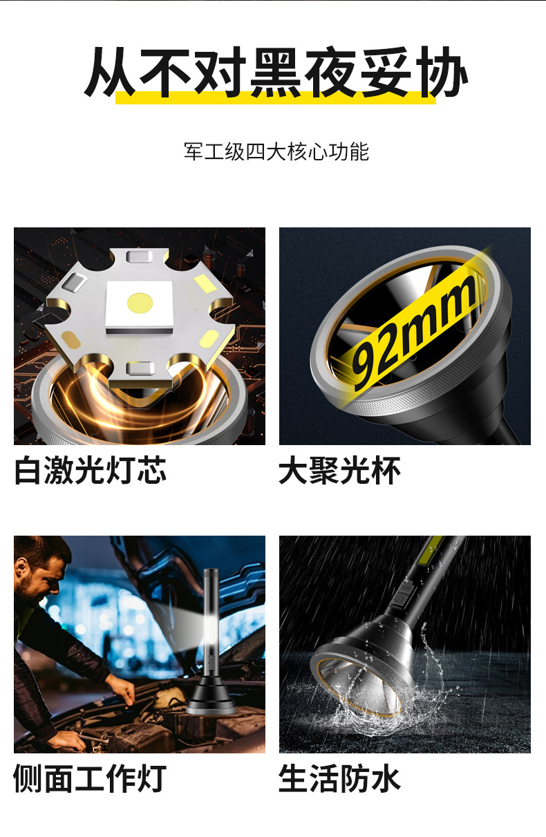 Cross-Border High-Brightness Aluminum Alloy Flashlight with Built-In Battery, Rechargeable, Portable for Home Use, Outdoor Led Lighting Flashlight