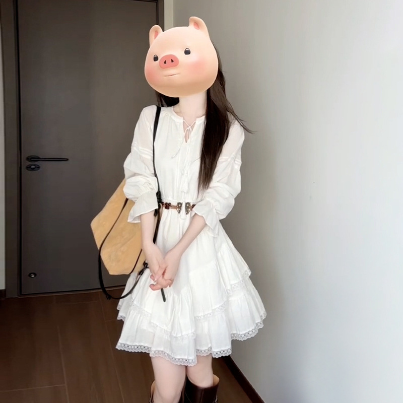 法式白色长袖收腰连衣裙女秋季2025年新款小个子气质入秋绝美短裙