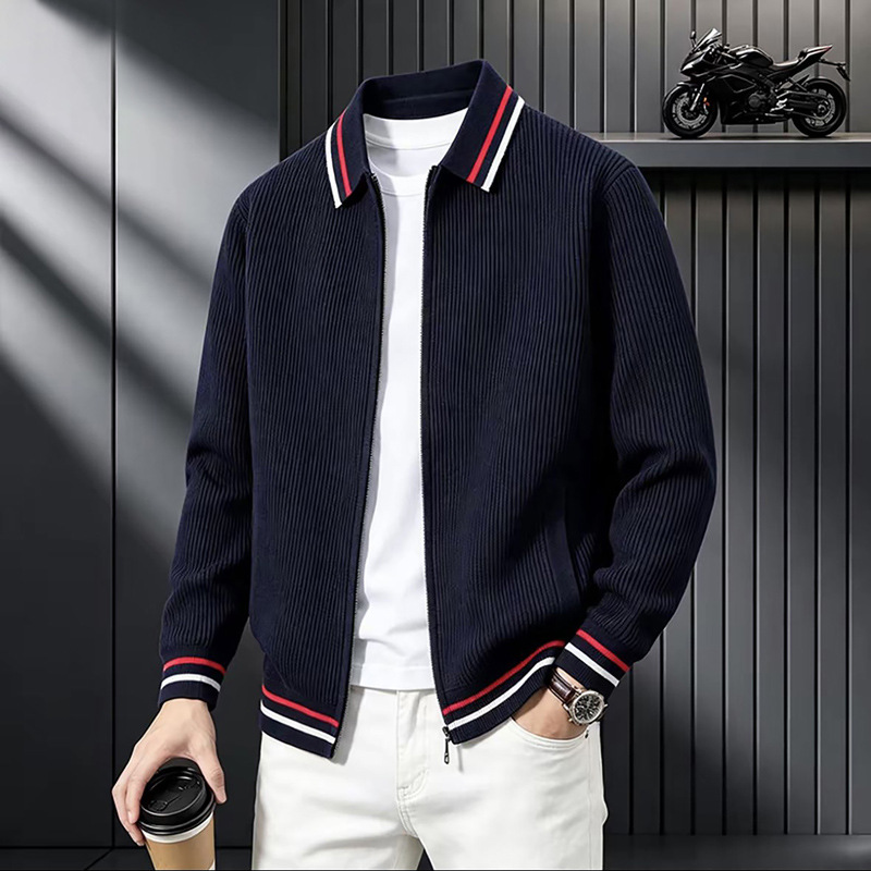 Factory direct sales of trendy knitted jacquard long-sleeved cardigan for men, popular on Douyin (TikTok), featuring a two-stripe striped collar.