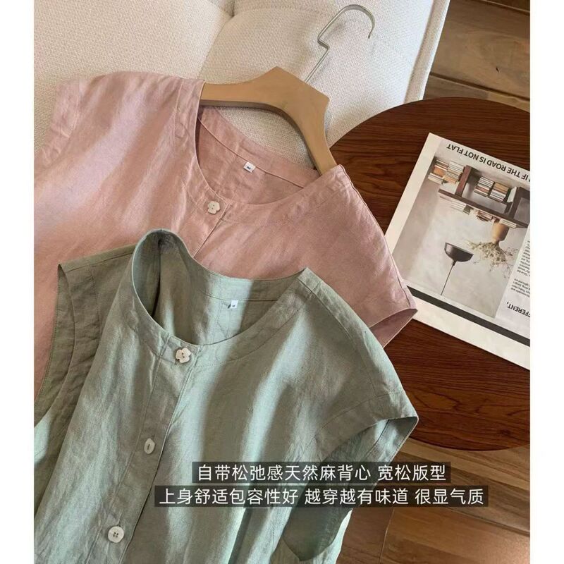Japanese Retro Vintage Dyed Pure Linen Breathable Comfortable Drop-Shoulder Sleeveless Loose-Fitting Artistic Style Shirt Top for Women