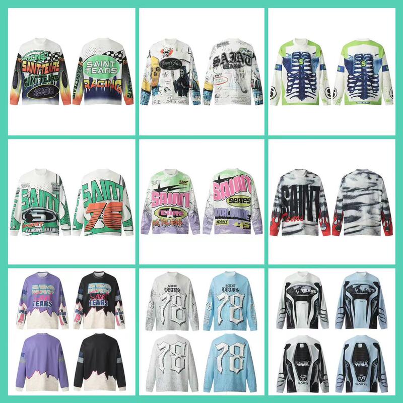 Hip-hop SAINT MICHAEL ICON motorcycle pattern vintage print casual loose long-sleeve T-shirt for men and women