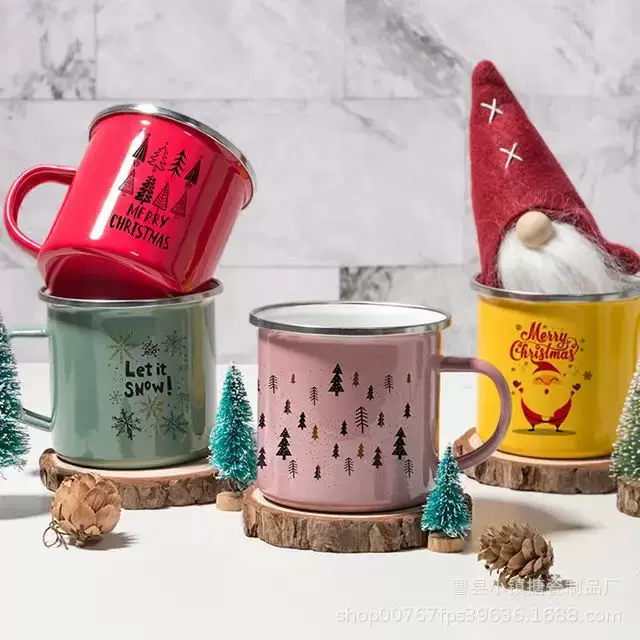 跨境圣诞节迷你咖啡杯家用怀旧老式茶缸子无盖包边红色图案搪瓷杯