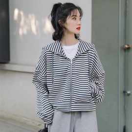 2025秋季新款韩版宽松显瘦条纹长袖薄款连帽卫衣女运动开衫外套女