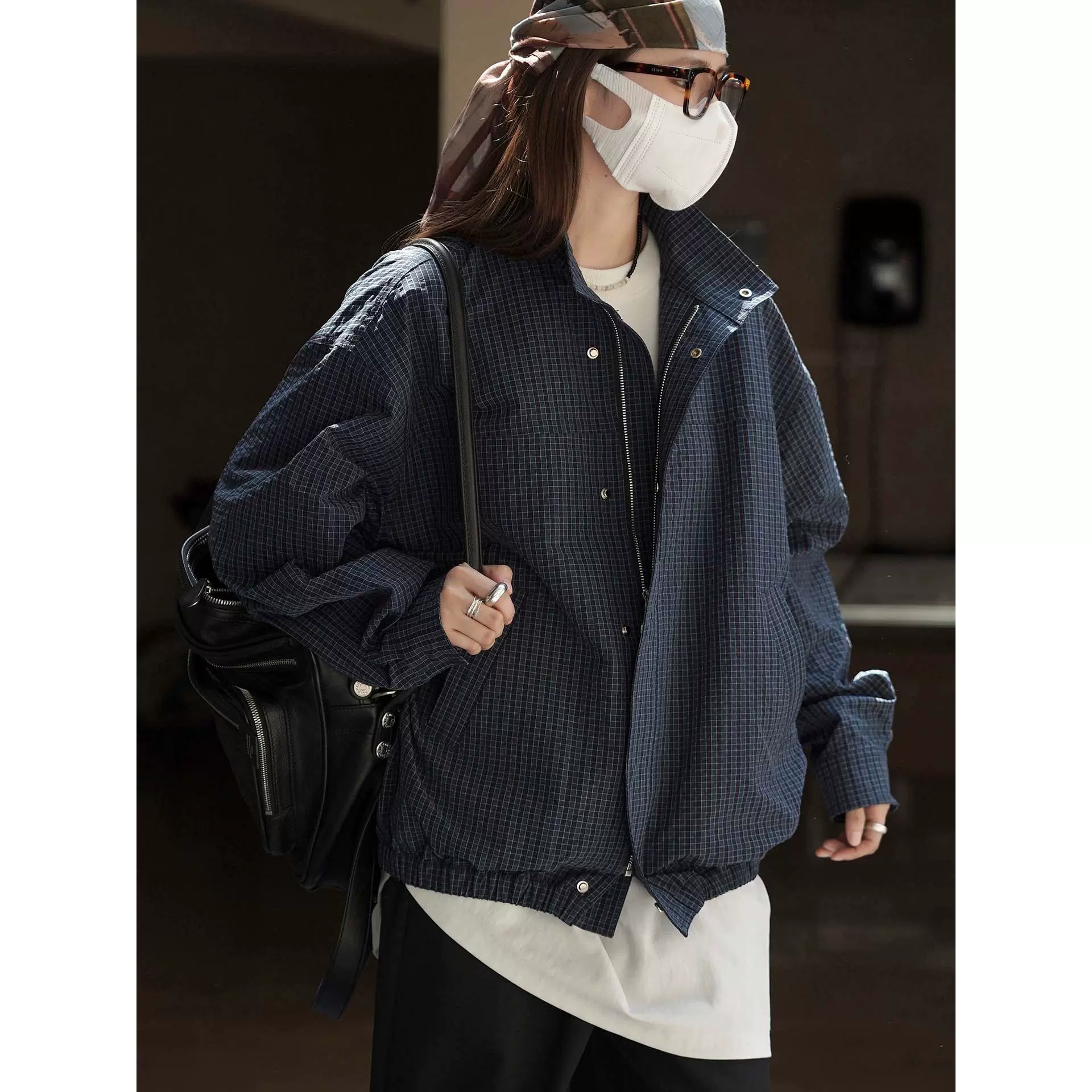 卢浮秋冬新款韩系复古酷飒拼接格纹立领夹克立体廓形显瘦外套女