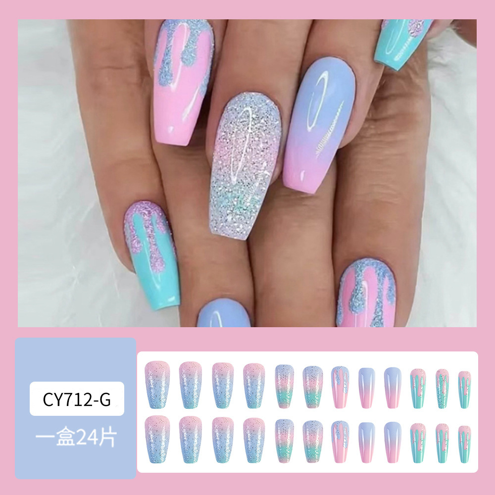 Armadura de vestir de moda degradada en polvo azul 24 piezas de esmalte de uñas de uñas de brillo brillante venta caliente transfronteriza pegatinas de uñas coloridas
