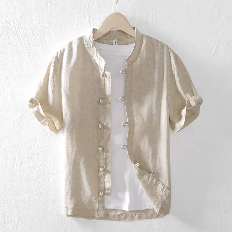 L934 Льняная рубашка в китайском стиле с пряжкой в стиле ретро, мужская повседневная рубашка из чистого льна с короткими рукавами, цельная доставка
