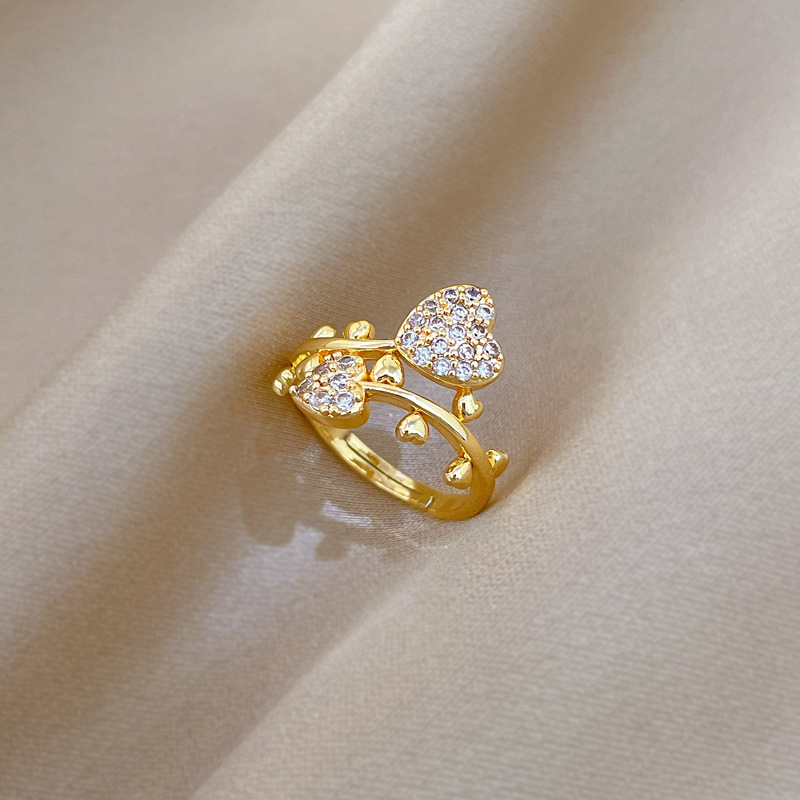 Full Diamond Heart Zirconia Adjustable Ring In Real Gold Style_voghion.com