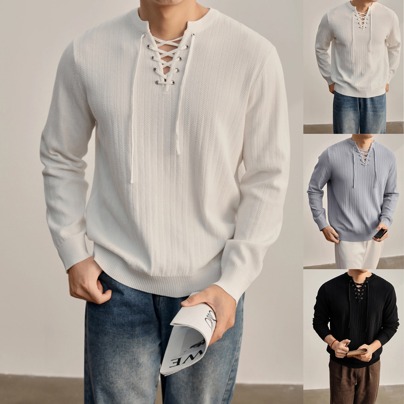 High Street Handsome Linear Texture Knitwear Men's Autumn V-Neck Cross Drawstring Design Export Cross-Border Wholesale