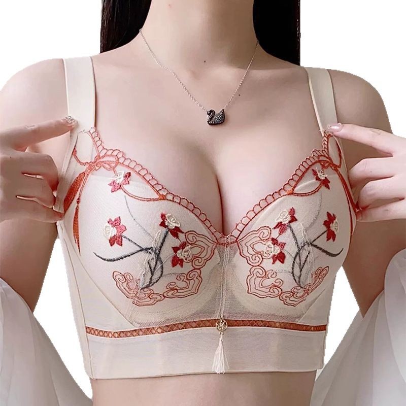 Anillo de acero suave de las mujeres de la ropa interior ajustable pecho pequeño empuja hacia arriba el sujetador de mama encaje superior Soporte corrección expansión externa caída sujetador