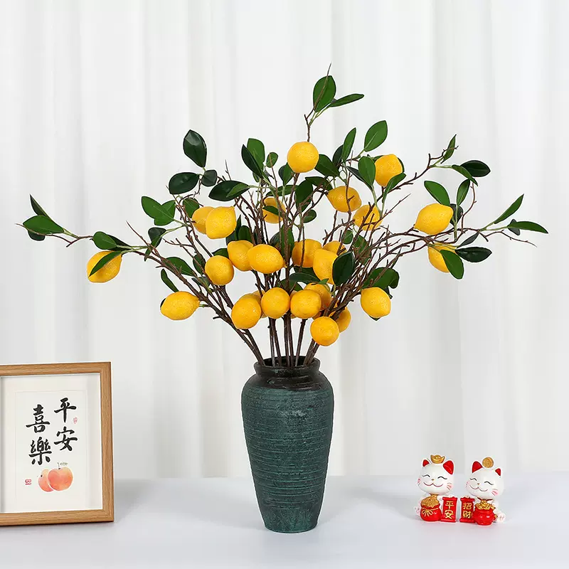仿真柠檬 家居装饰摄影道具新年绿植摆件 3头5头7头带叶 仿真水果
