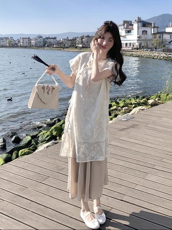 新中式国风禅意叠穿连衣裙套装女夏刺绣蕾丝罩衫半身裙两件套|undefined
