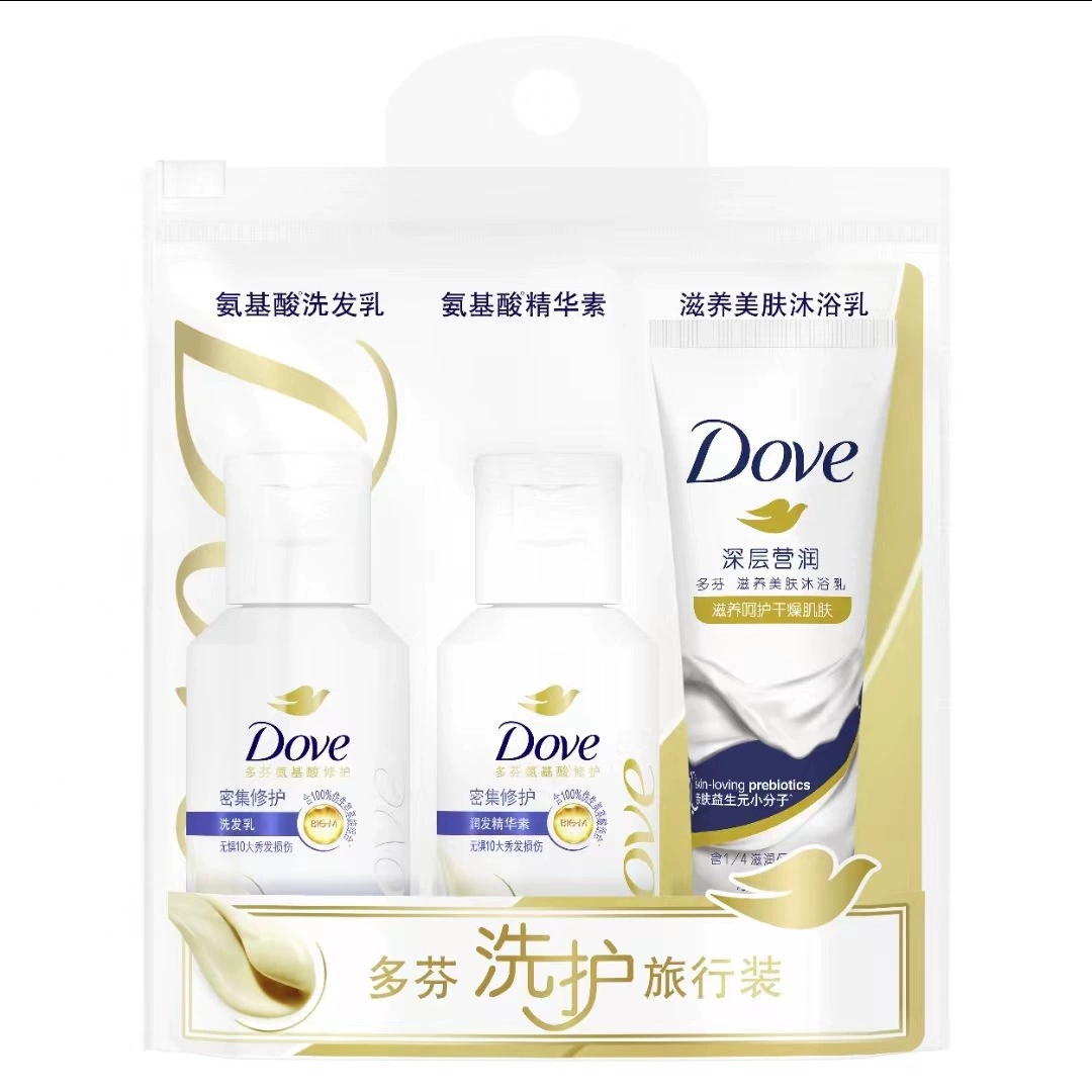 Набор для путешествий (Dove) 3‑предмета: шампунь, кондиционер, гель для душа — дорожные объёмы 20–100 мл