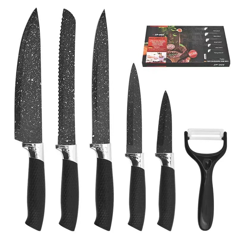 Fábrica al por mayor maifan cuchillo de cocina de piedra conjunto de seis piezas cielo estrellado pintura en aerosol malla mango conjunto cuchillo