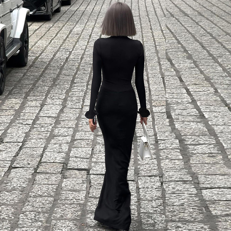 Women Clothing Sexy Deep V Plunge Long Sleeve Solid Color Sexy Double Stitching Pleated Maxi Dress